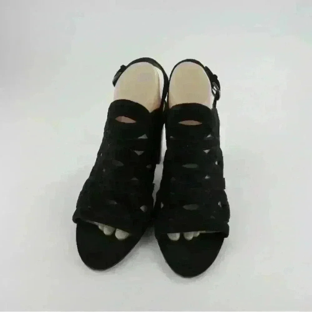 Via Spiga Black Suede Ankle Strap Sandal Heels Open Toe Size 9M Cutout Shoes